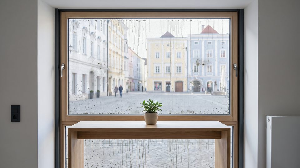 Dasselbe Schaufenster mit Staubfilm, Kalkflecken und Fingerabdrücken und nach der Reinigung klar, mit Blick auf die Altstadt
