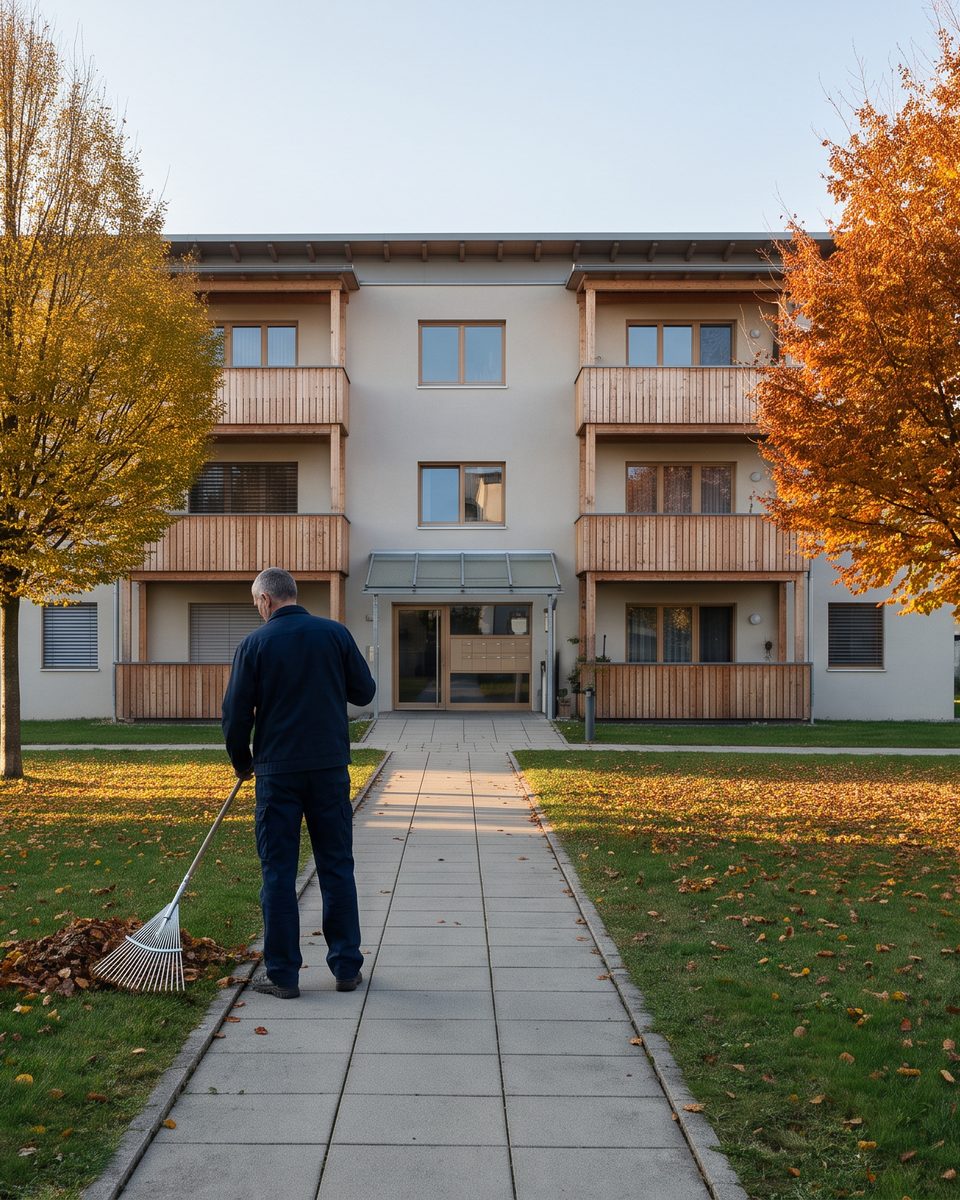 Gepflegte Wohnanlage im Herbst, auf dem Weg wird Laub zusammengerecht